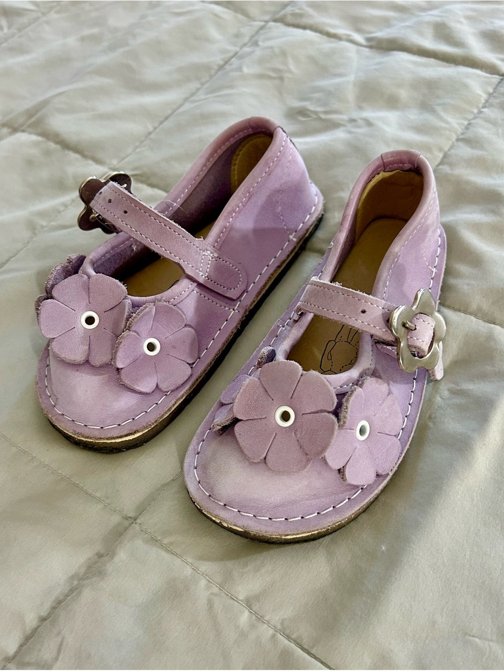 Kids Purple Mary Jane Floral Leather Shoes, Bear Feet, Girls Size 8, Handmade